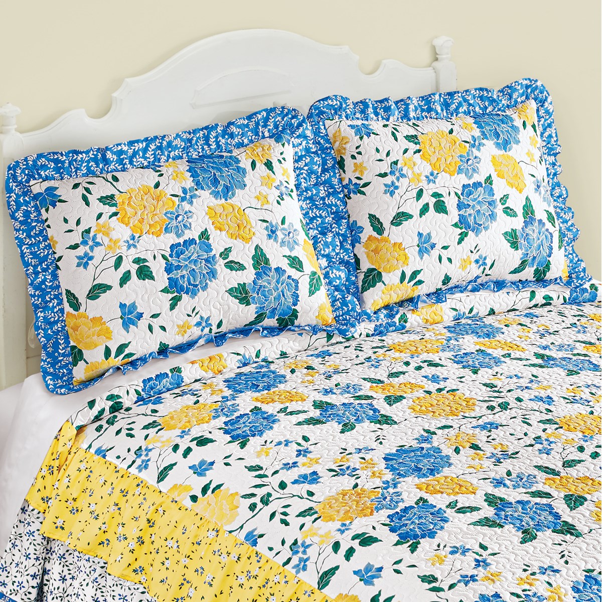 Emily Blue and Yellow Floral Ruffled Pillow Sham Collections Etc.