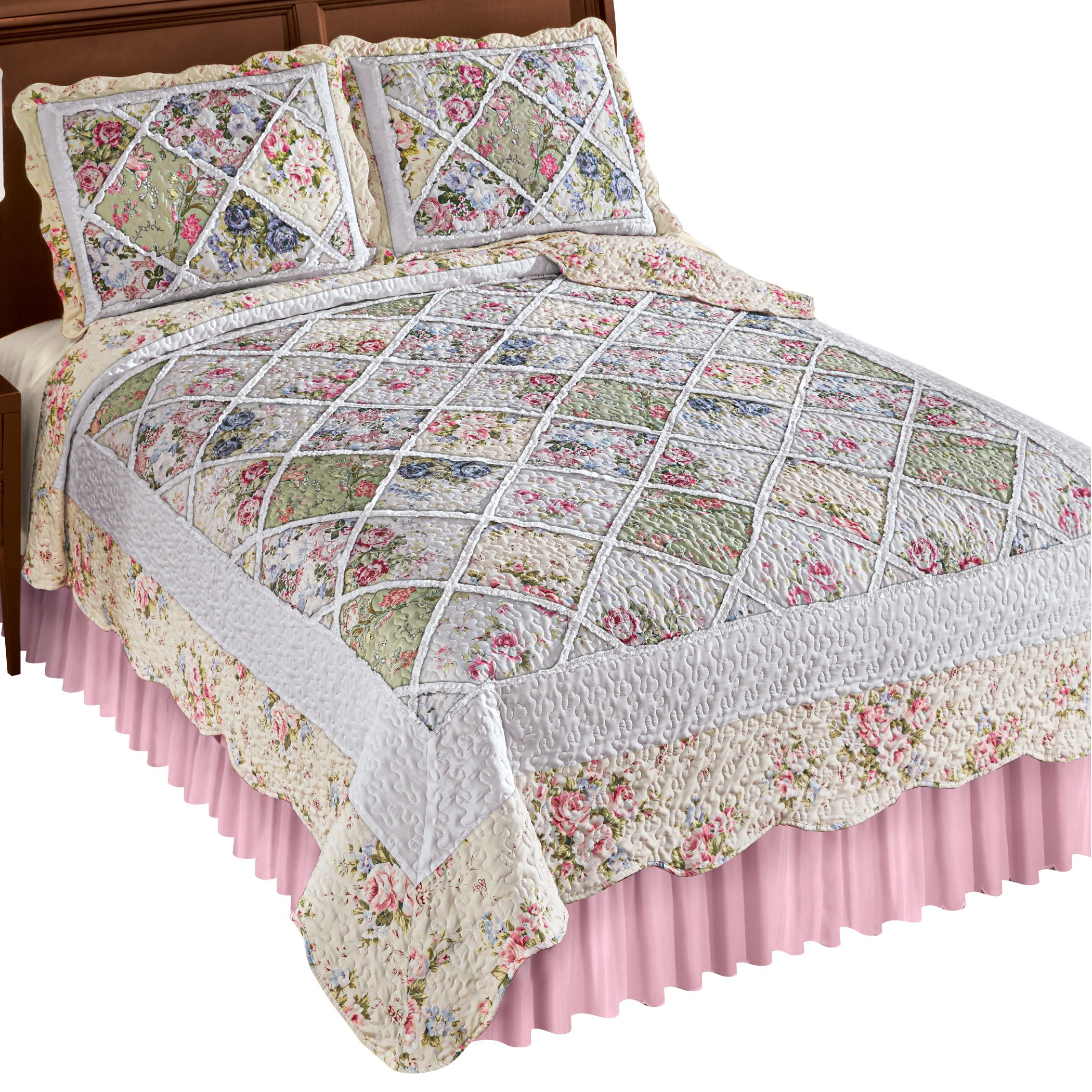 Enchanted Garden Diamond Patchwork Reversible Quilt King Pink/Blue, Pink/Blue