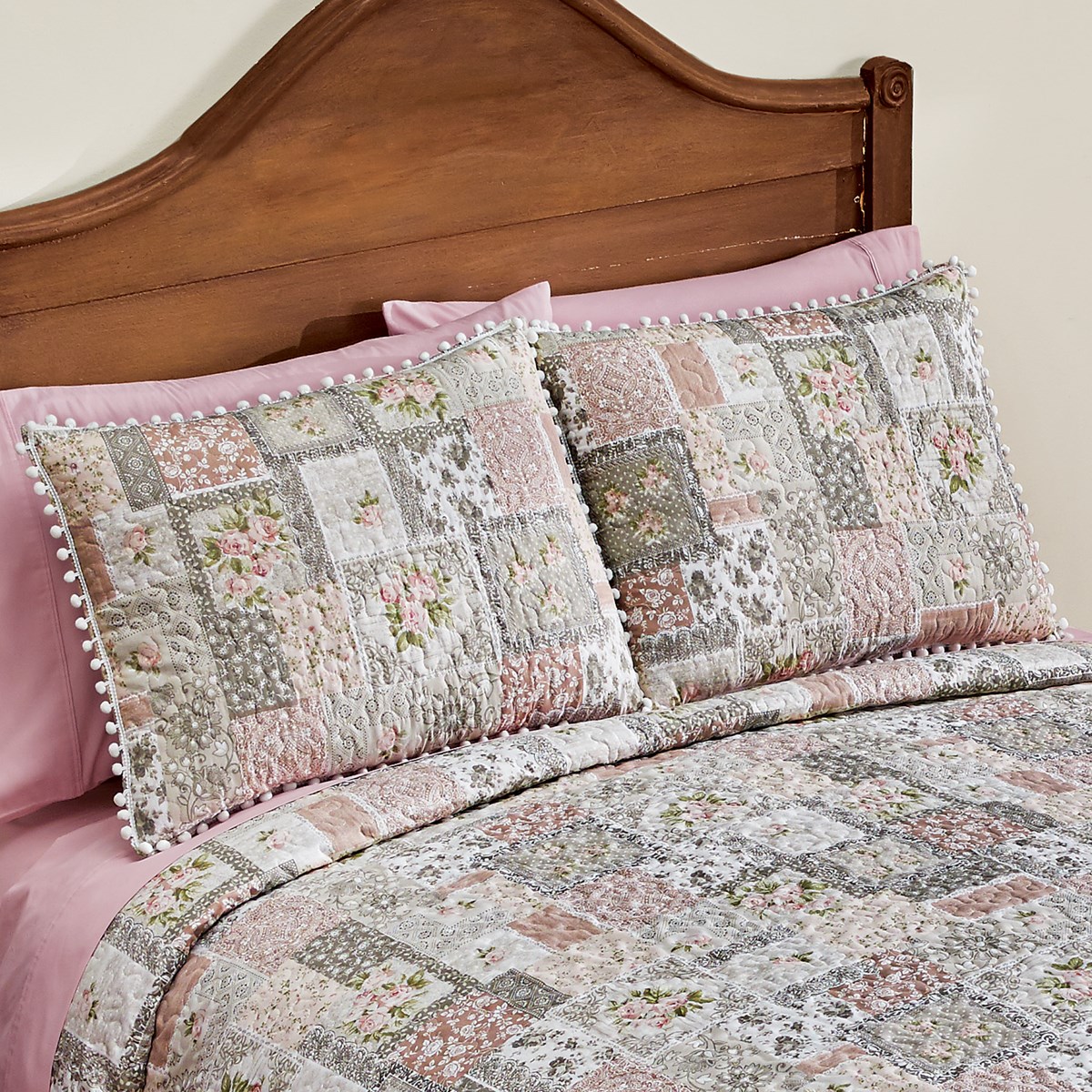 Floral Patchwork Style Pillow Shams with Pom Poms Collections Etc.