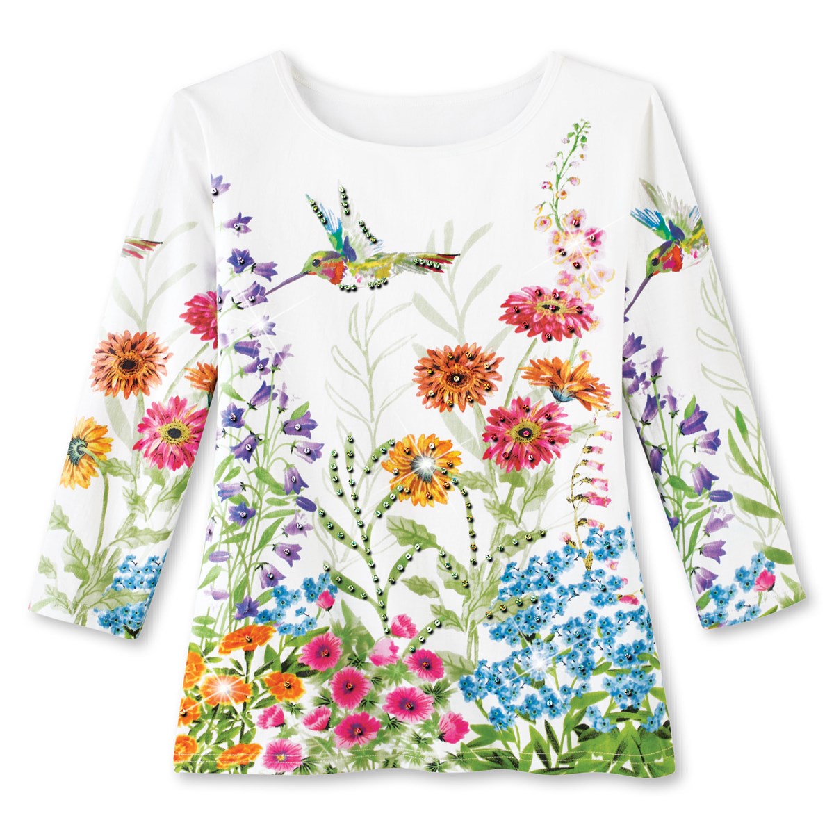 Hummingbird Knit Floral Top with Sparkling Sequins Collections Etc.