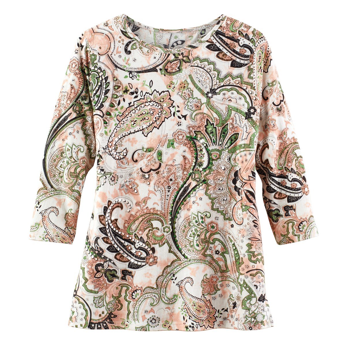 Paisley Print 3/4 Sleeves Knit Tunic Top with Sequins Collections Etc.