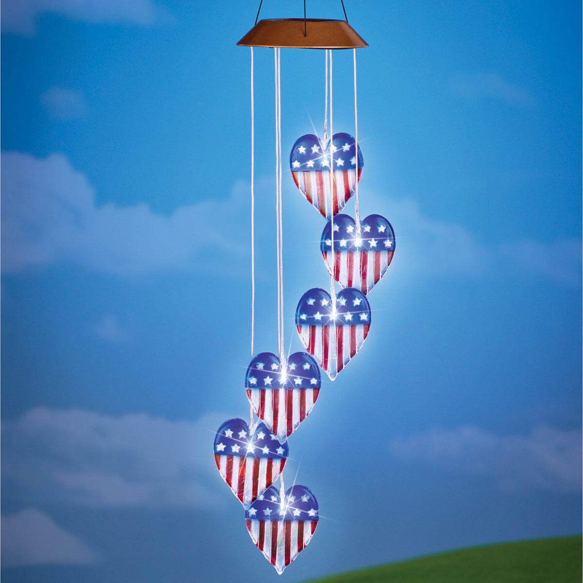 Solar Powered Patriotic Hearts Dangling Wind Chime | Collections Etc.
