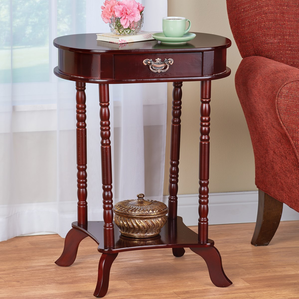 Traditional Style Oval Shape Accent Table with Drawer Collections Etc.