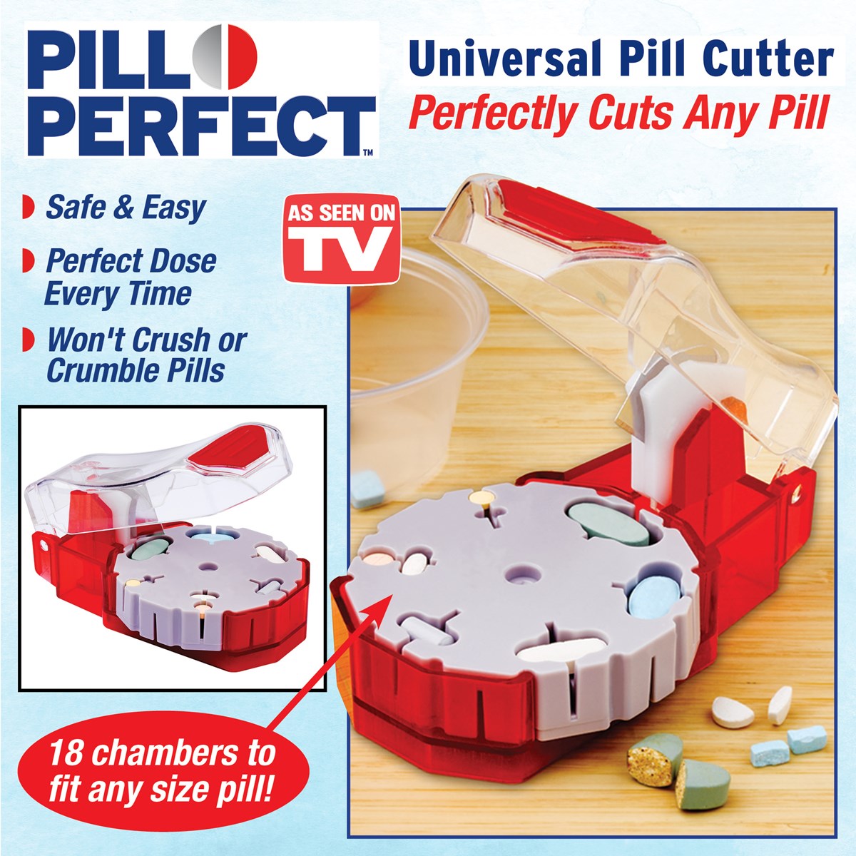 Pill Perfect Safe & Easy 18Chamber Universal Pill Cutter Collections Etc.