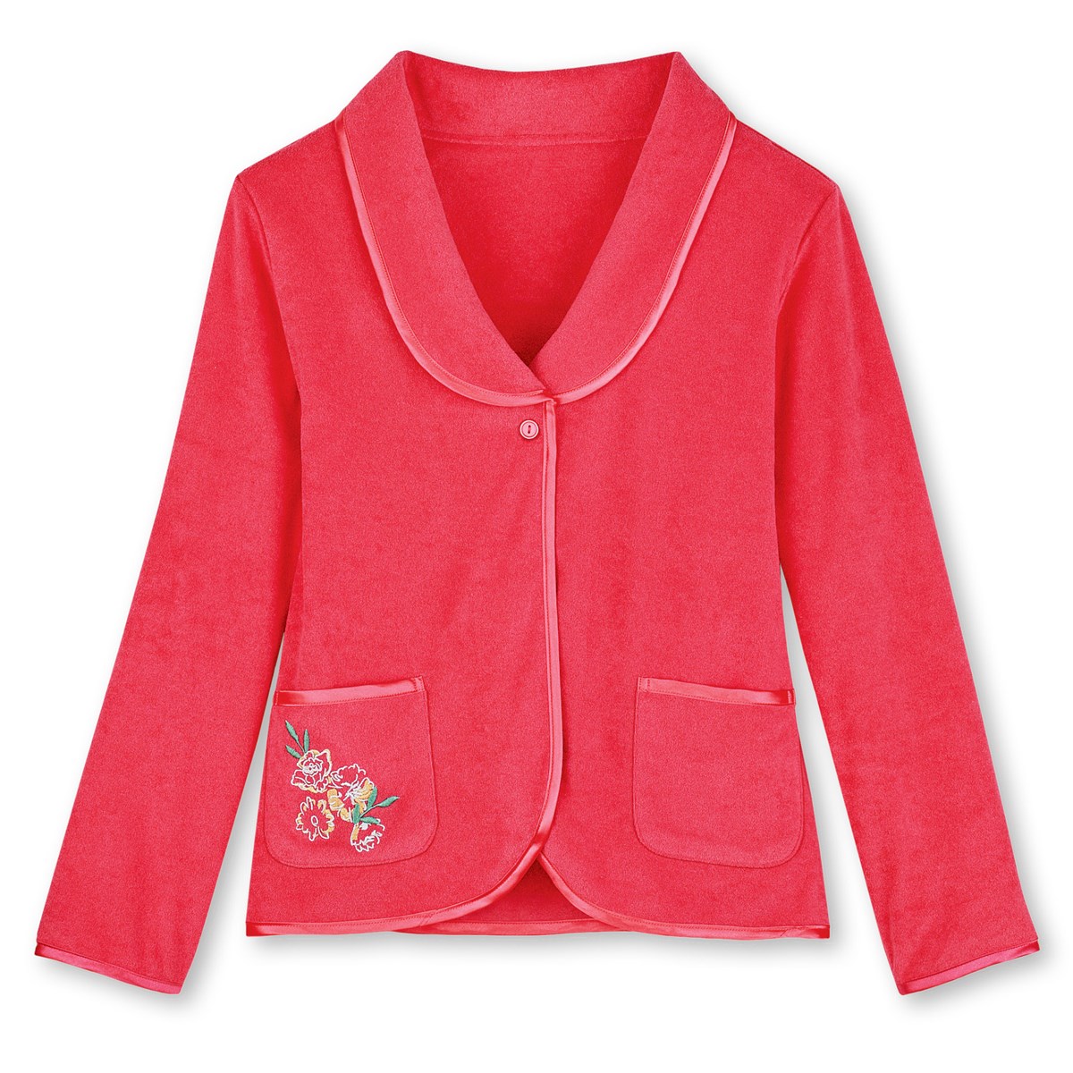 Floral Embroidered Terry Bed Jacket with Satin Trim Collections Etc.