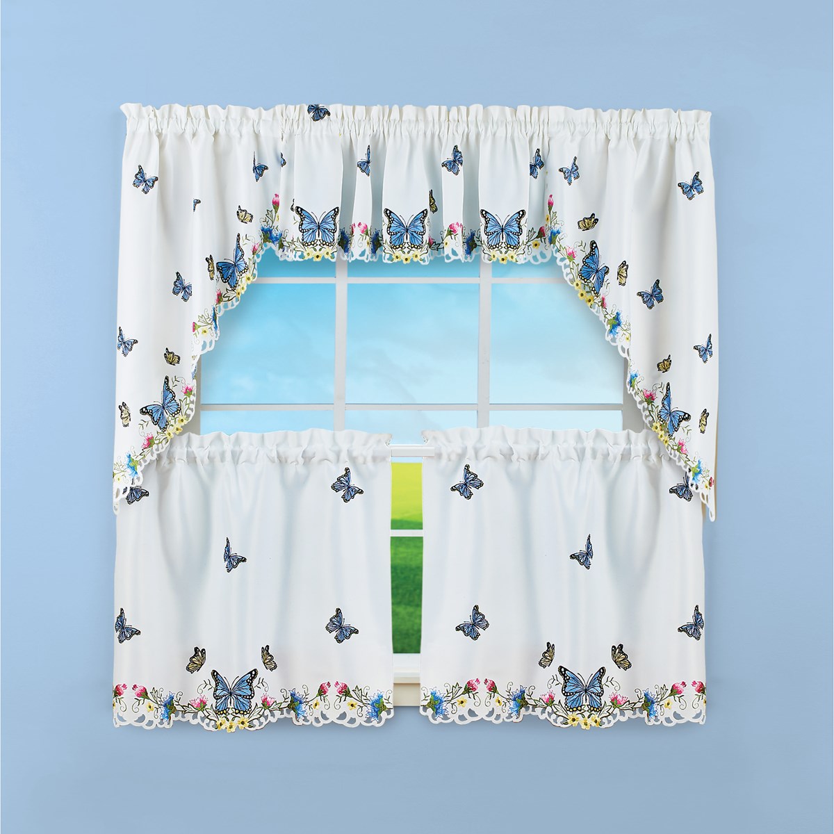 Embroidered Summer Style Blue Butterflies Window Curtains Collections