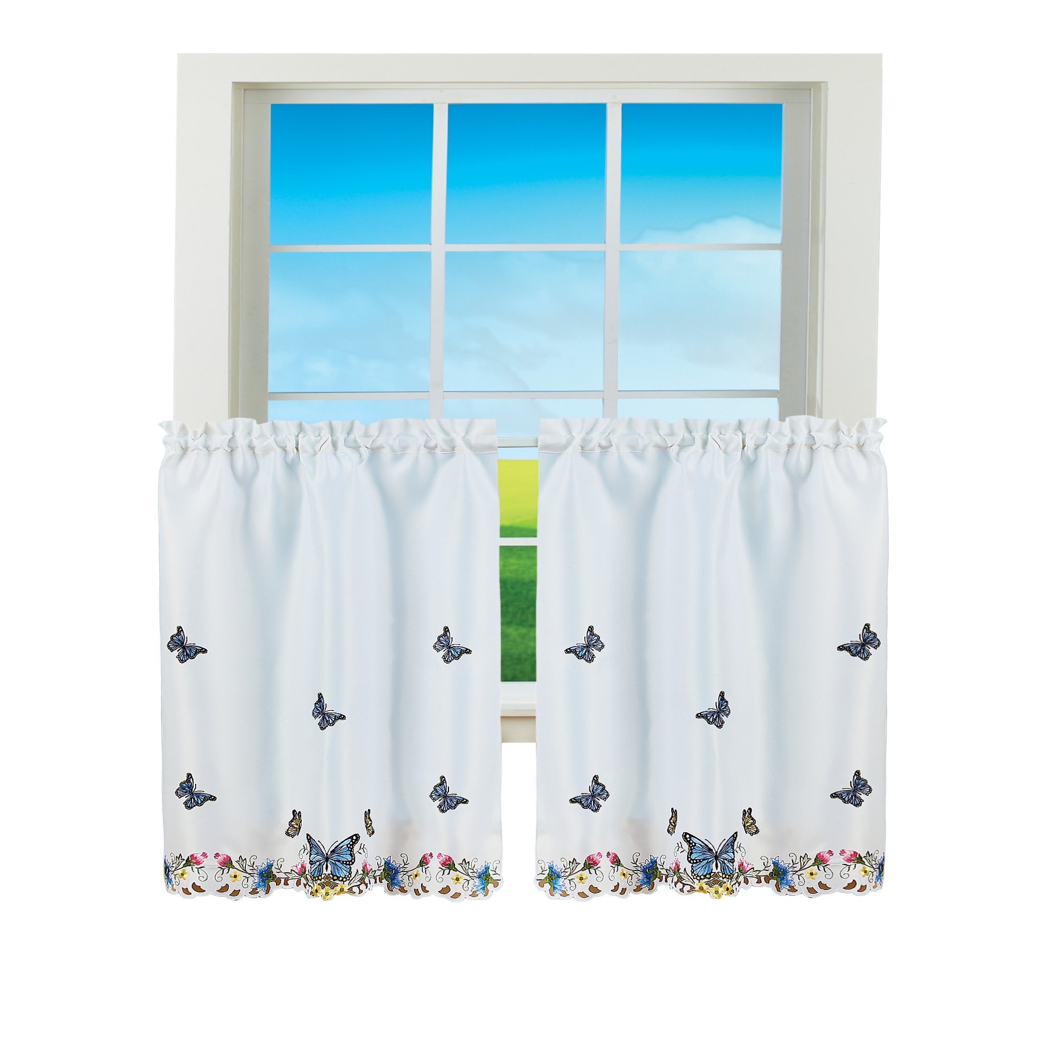 Embroidered Summer Style Blue Butterflies Window Curtains 36"L Tiers