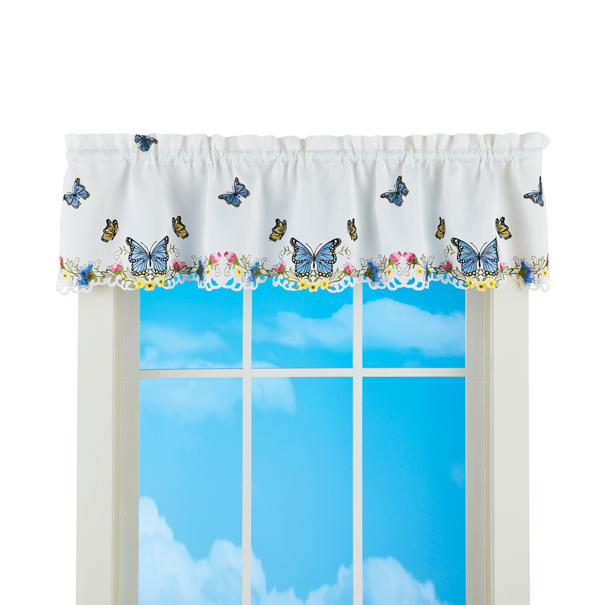 Embroidered Summer Style Blue Butterflies Window Curtains Valance