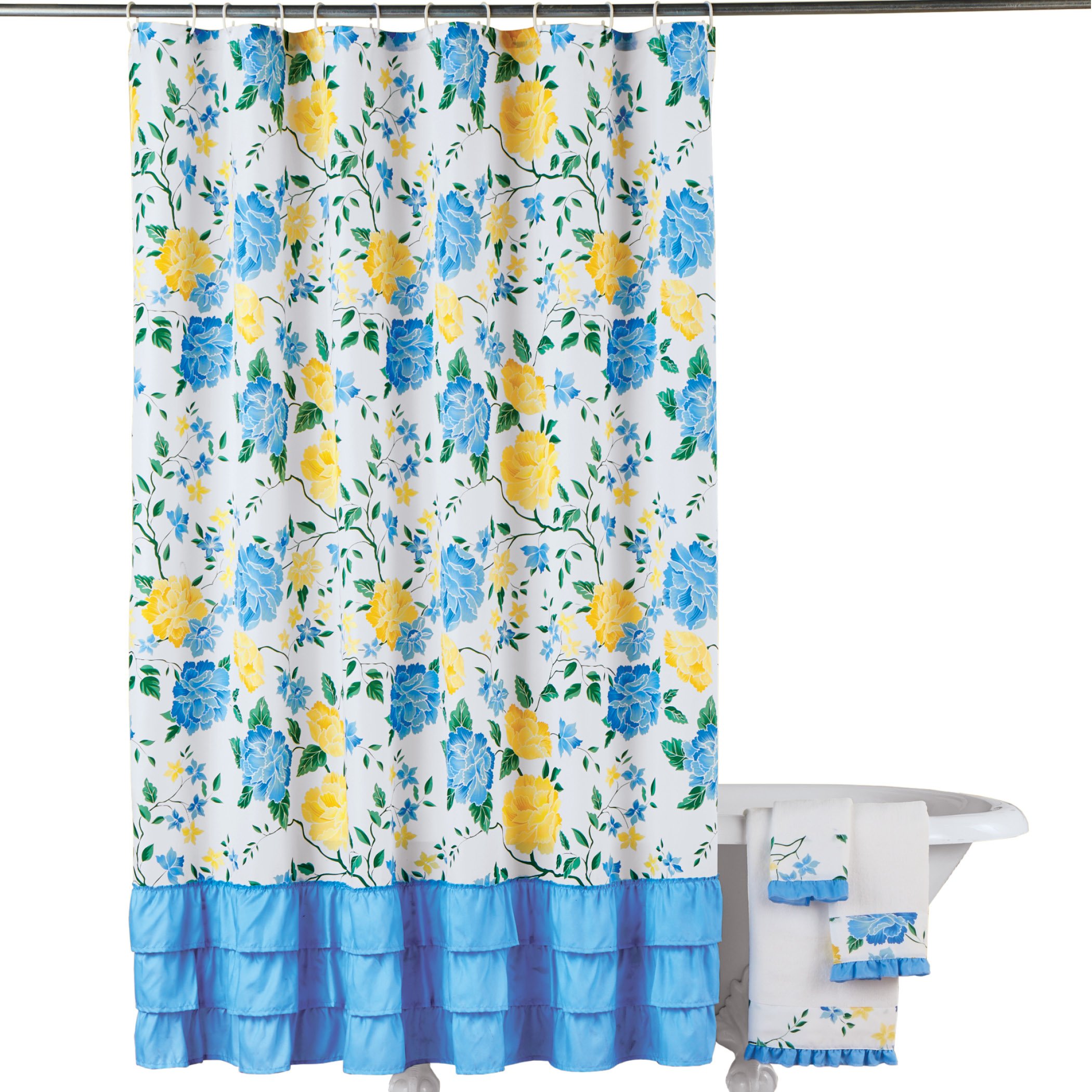 One Pottery Barn Shower Curtain 70”x70” Blue Background Floral Design
