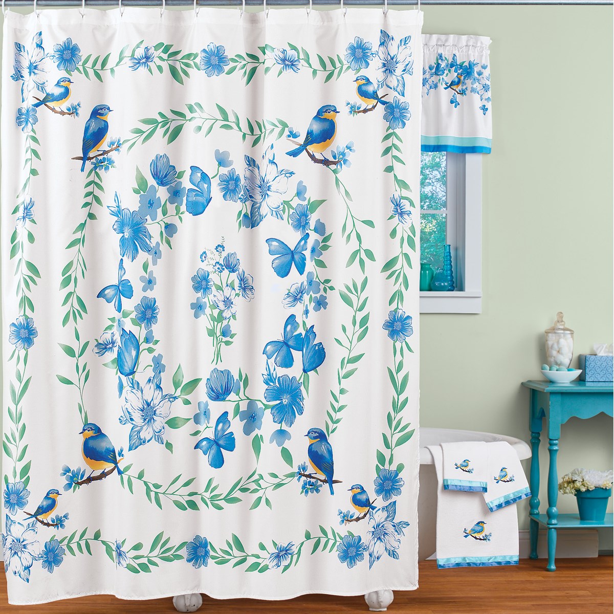 Blue Floral Bird Medallion Bathroom Shower Curtain Collections Etc.