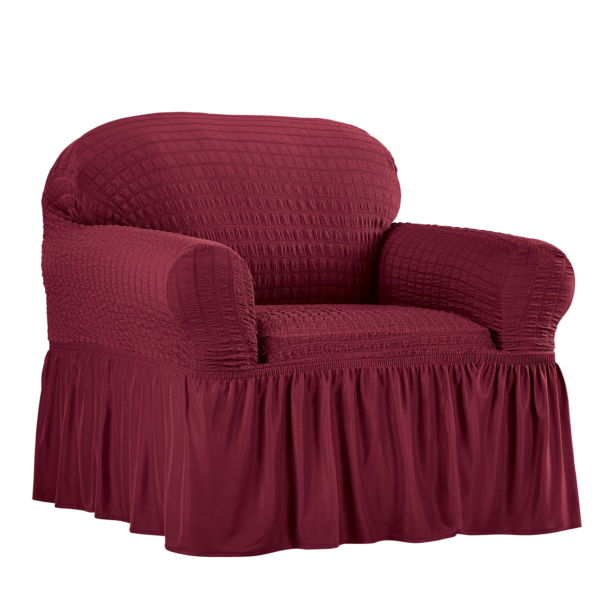 Fashionable Textured Square Stretch Slipcover with Ruffled Skirt - Protects From Spills, Stains, Pets Hairs, Wear & Tear - Home Decor