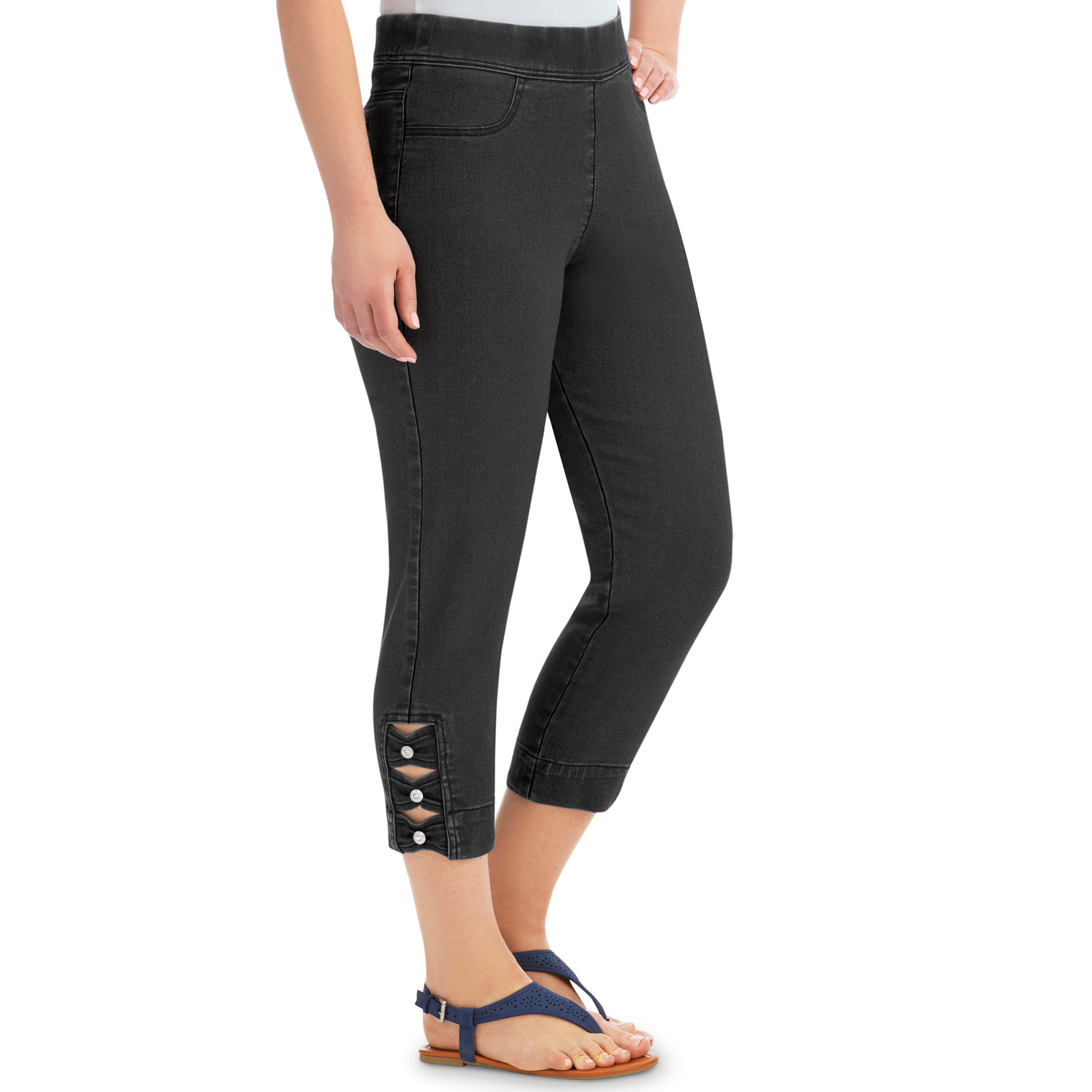 Elastic Waist Pull-on Denim Capri Jean Pants with Decorative Button Detail, Black, Medium