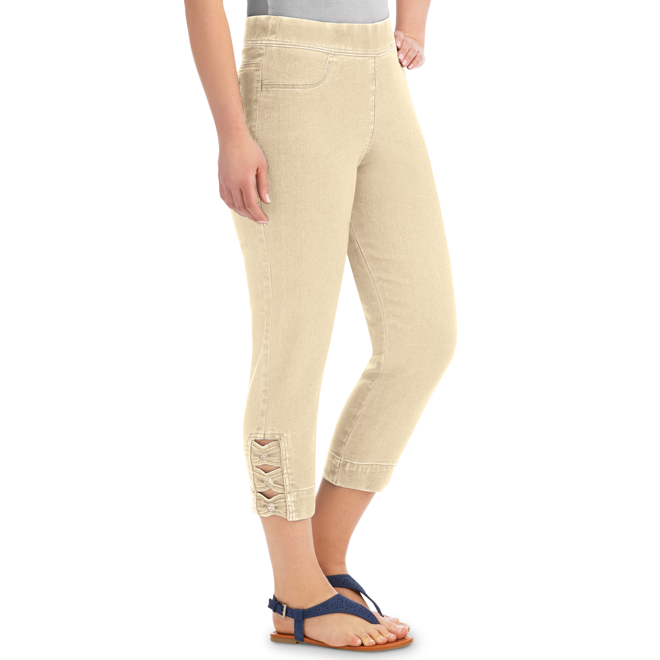 Elastic Waist Pull-on Denim Capri Jean Pants with Decorative Button Detail, Khaki, Medium