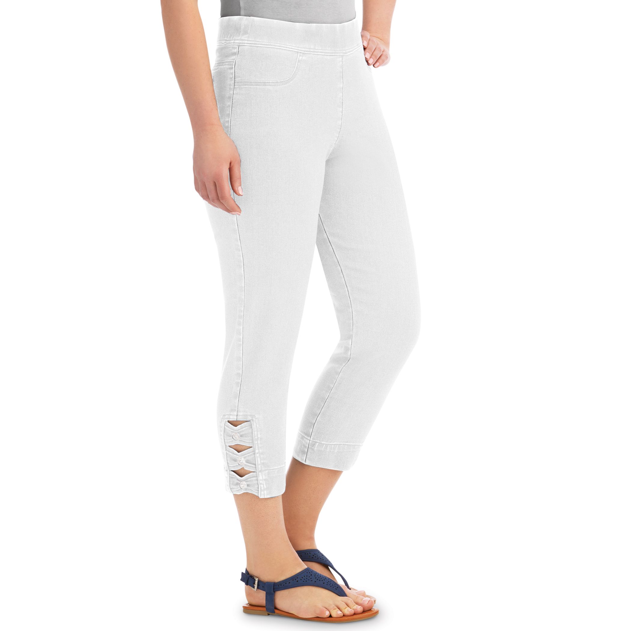 Elastic Waist Pull-on Denim Capri Jean Pants with Decorative Button Detail, White, Medium