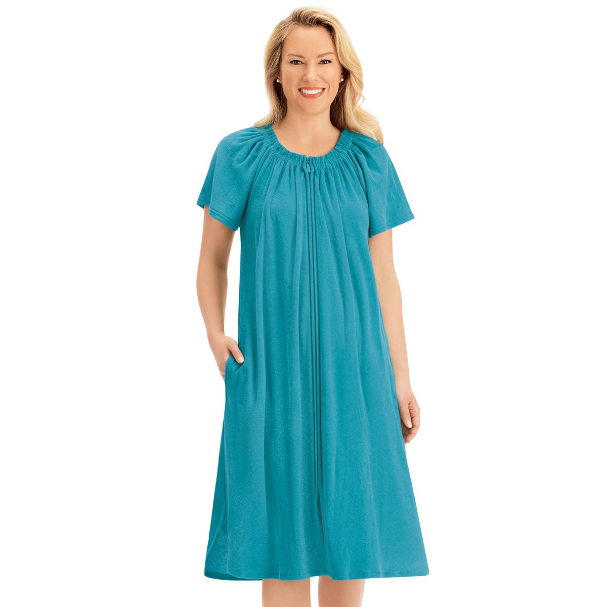 Terry Zip Front Short Sleeve Robe with Side Pockets Collections Etc.