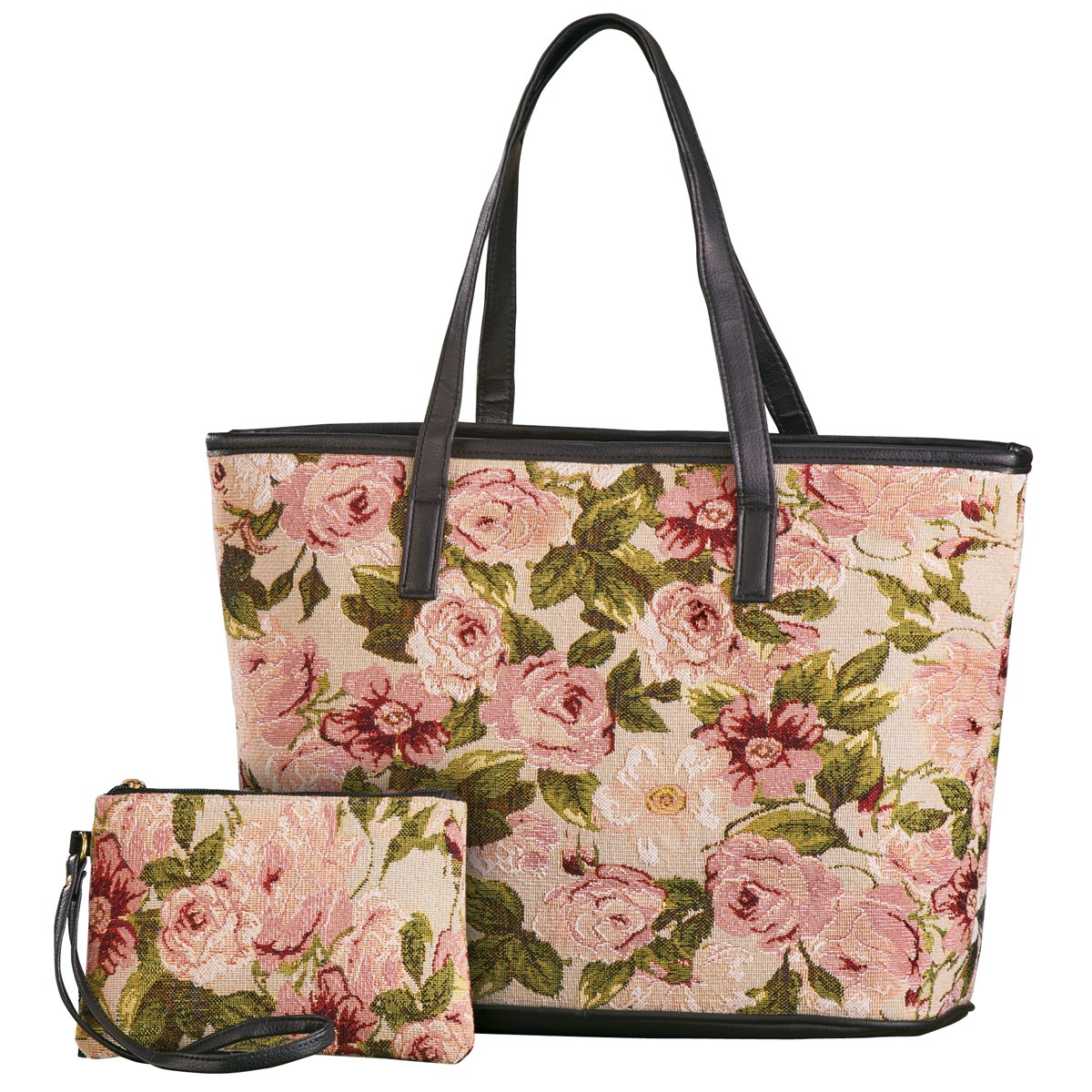 Pink Roses Tapestry Handbag with Matching Coin Purse Collections Etc.