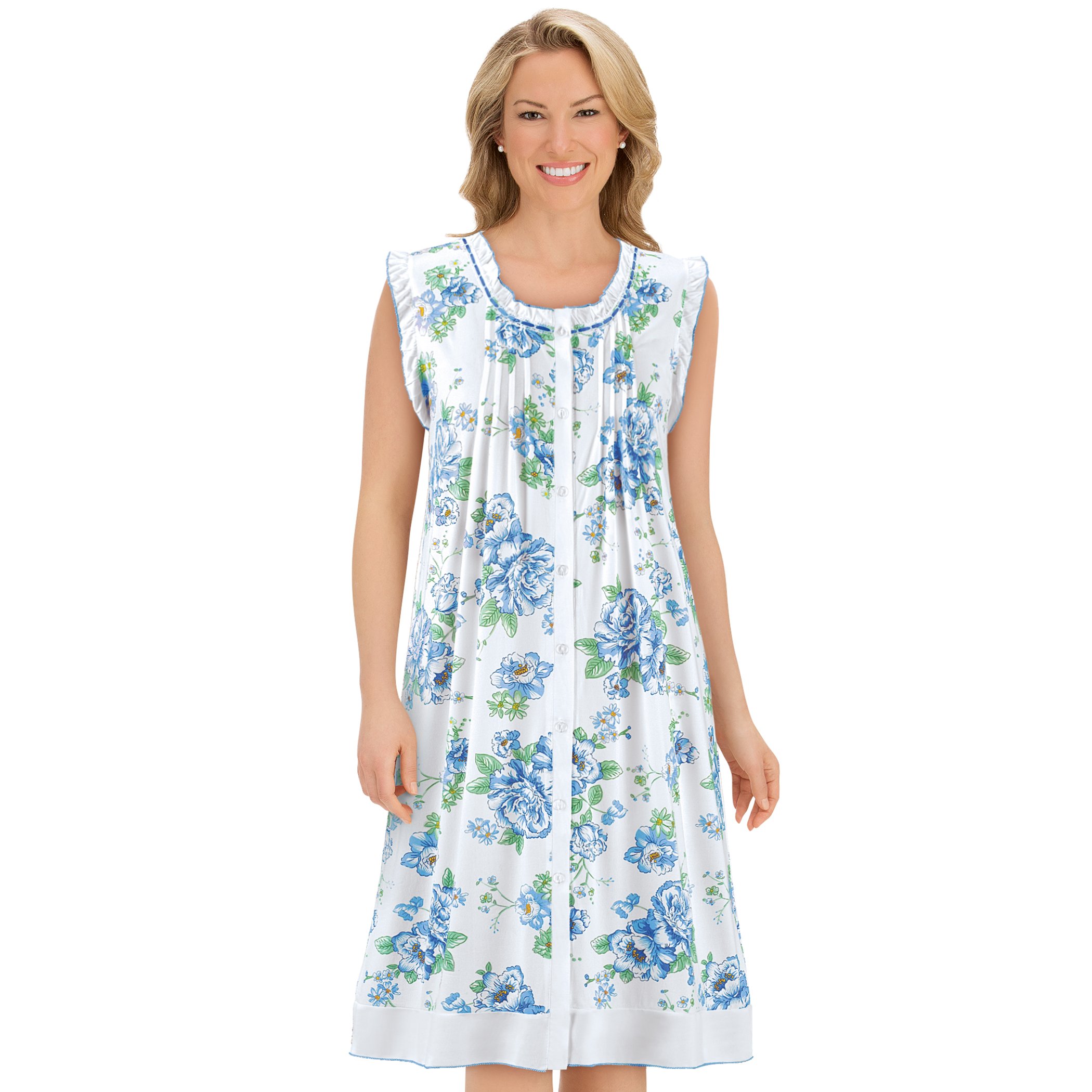 Long Sleeveless Floral Ruffle Soft Knit Nightgown - Pintuck Front, Polyester
