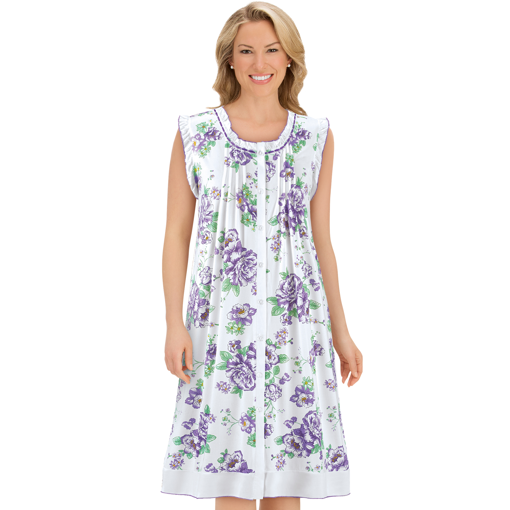 Long Sleeveless Floral Ruffle Soft Knit Nightgown - Pintuck Front, Polyester, Lilac, Large