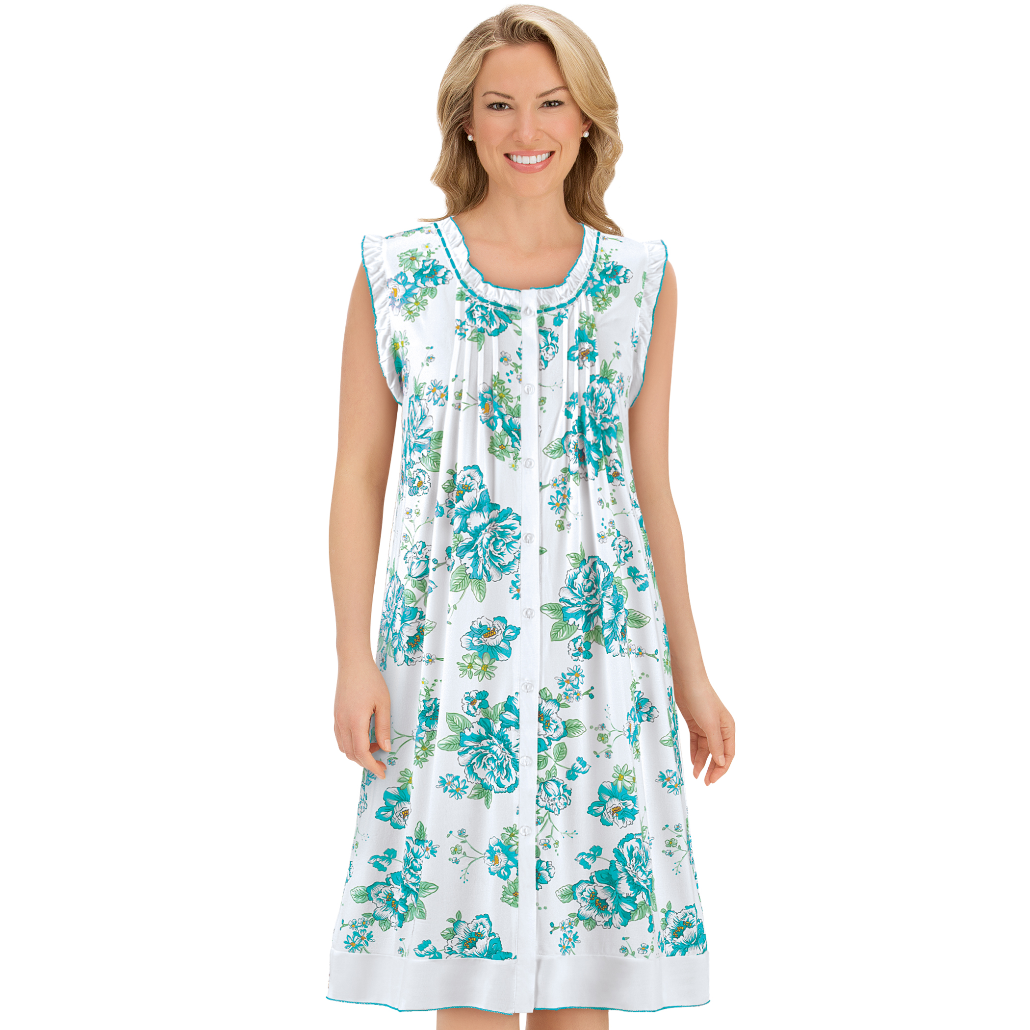 Long Sleeveless Floral Ruffle Soft Knit Nightgown Large Blue
