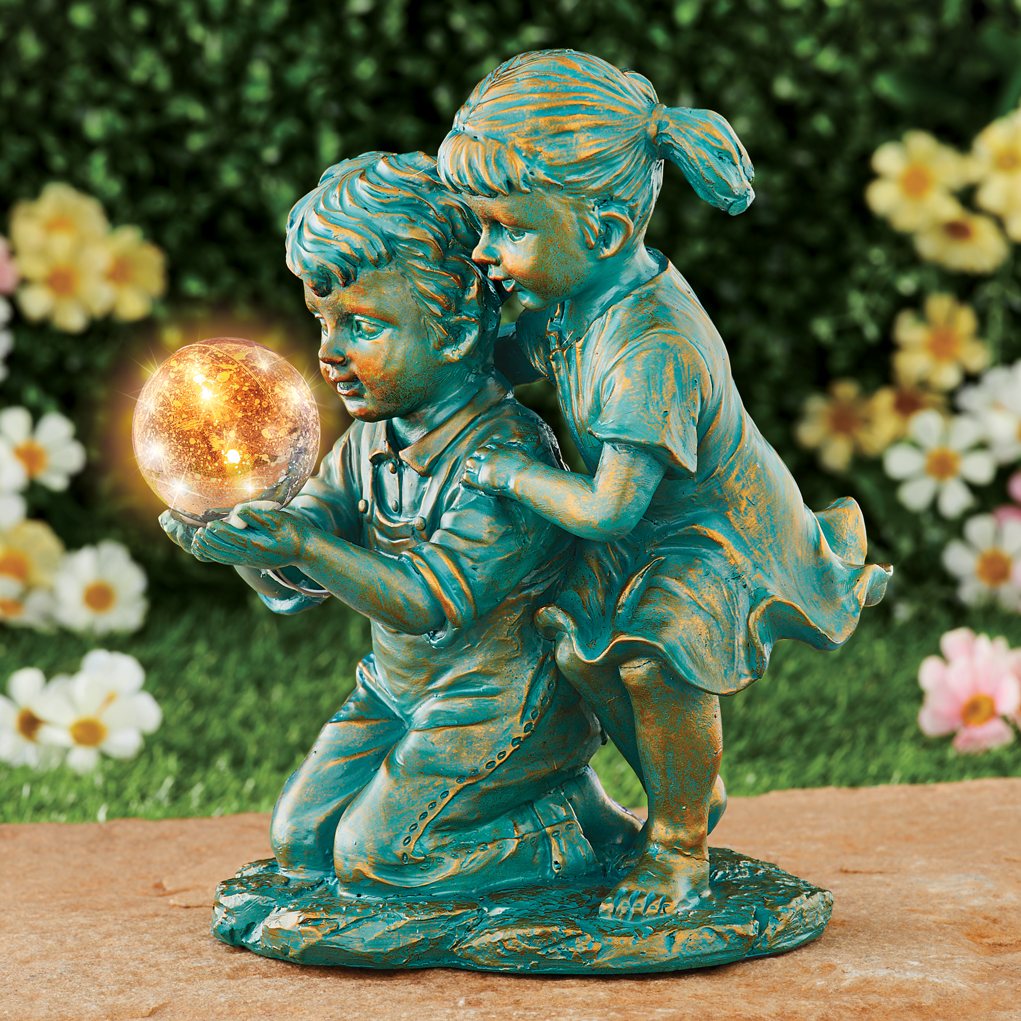 Collections Etc Hand-Painted Copper Finish Children with Solar Gazing Ball Ball Automatically Shines at Night Resin Crafted with Intricate Detail