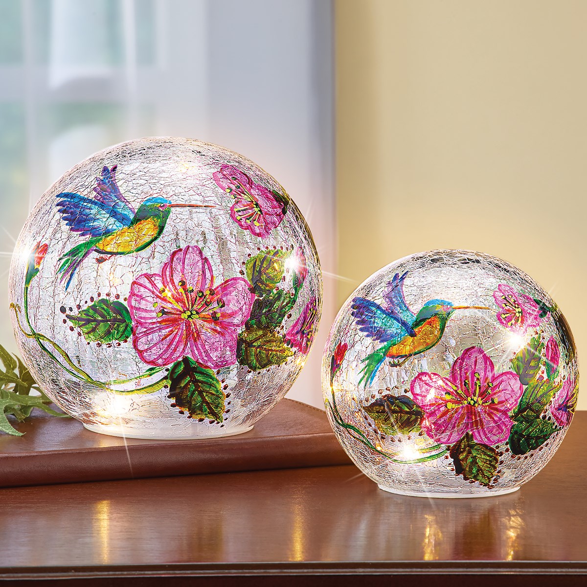 Hummingbirds and Pink Hibiscus Flowers Lighted Crackled Glass Balls