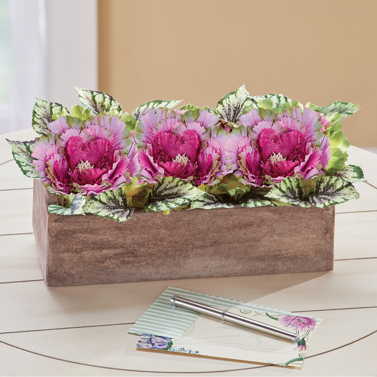 Artificial Cabbage Roses Floral Centerpiece in Barnwood Style Box