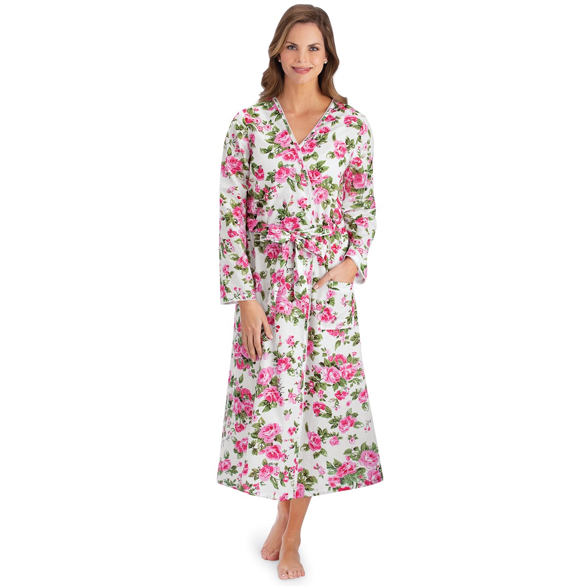 Floral Lace Trimmed Long Sleeve Pink Cotton Robe Collections Etc.