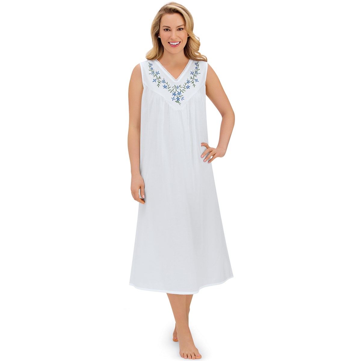 Floral Embroidered Sleeveless White Nightgown Collections Etc.