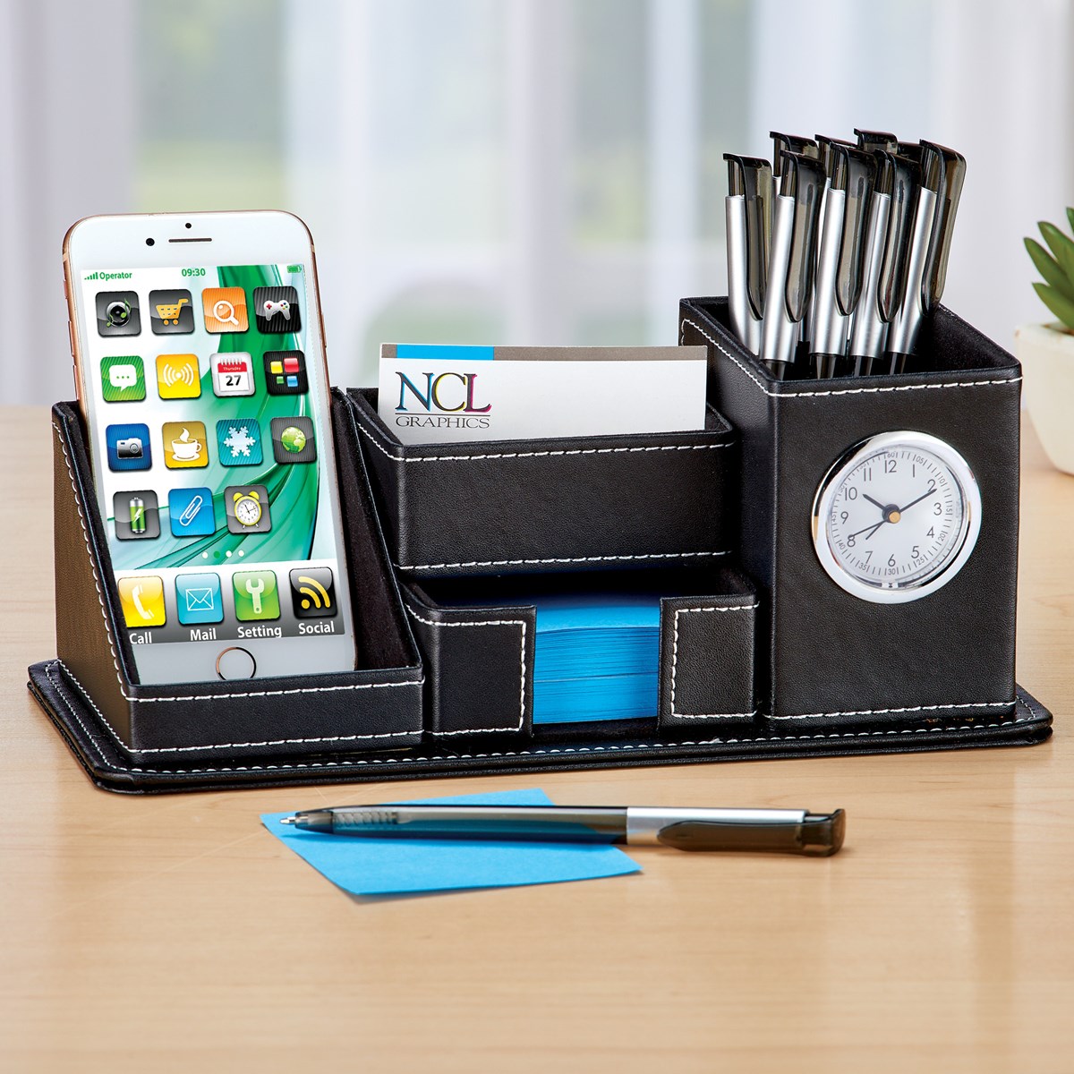 Elegant Black Desktop Organizer with Builtin Clock Collections Etc.