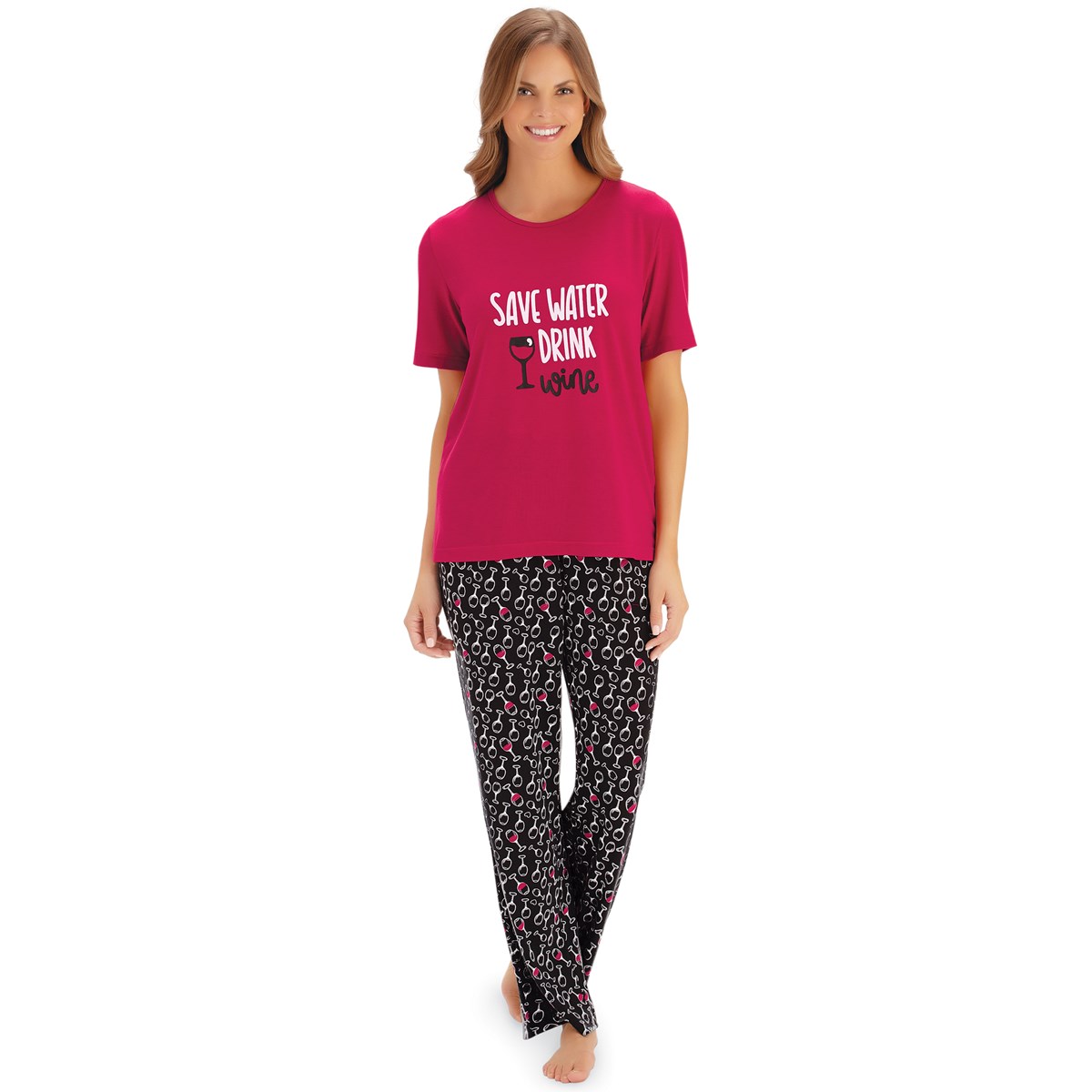 Save Water Drink Wine Glass Pattern 2Piece Pajama Set Collections Etc.