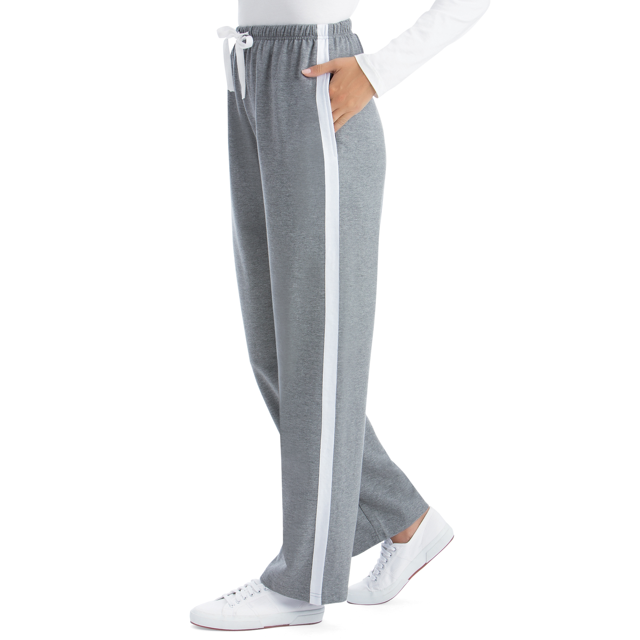 Womens Soft and Comfy Drawstring Pull-On Side Stripe Jogger Knit Pants, Grey, X-Large