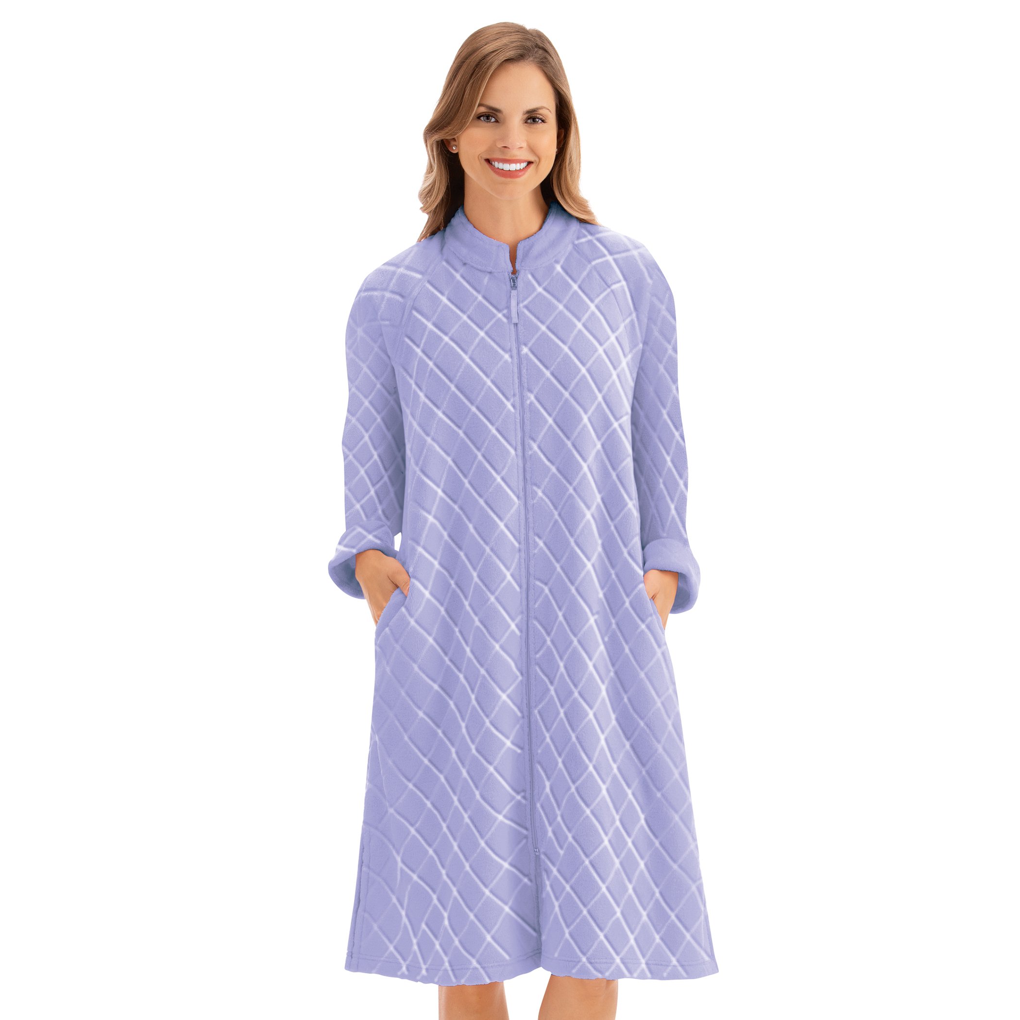 Attractive Knee-Length Diamond Plush Texture Embossed Robe Large Women Lavender