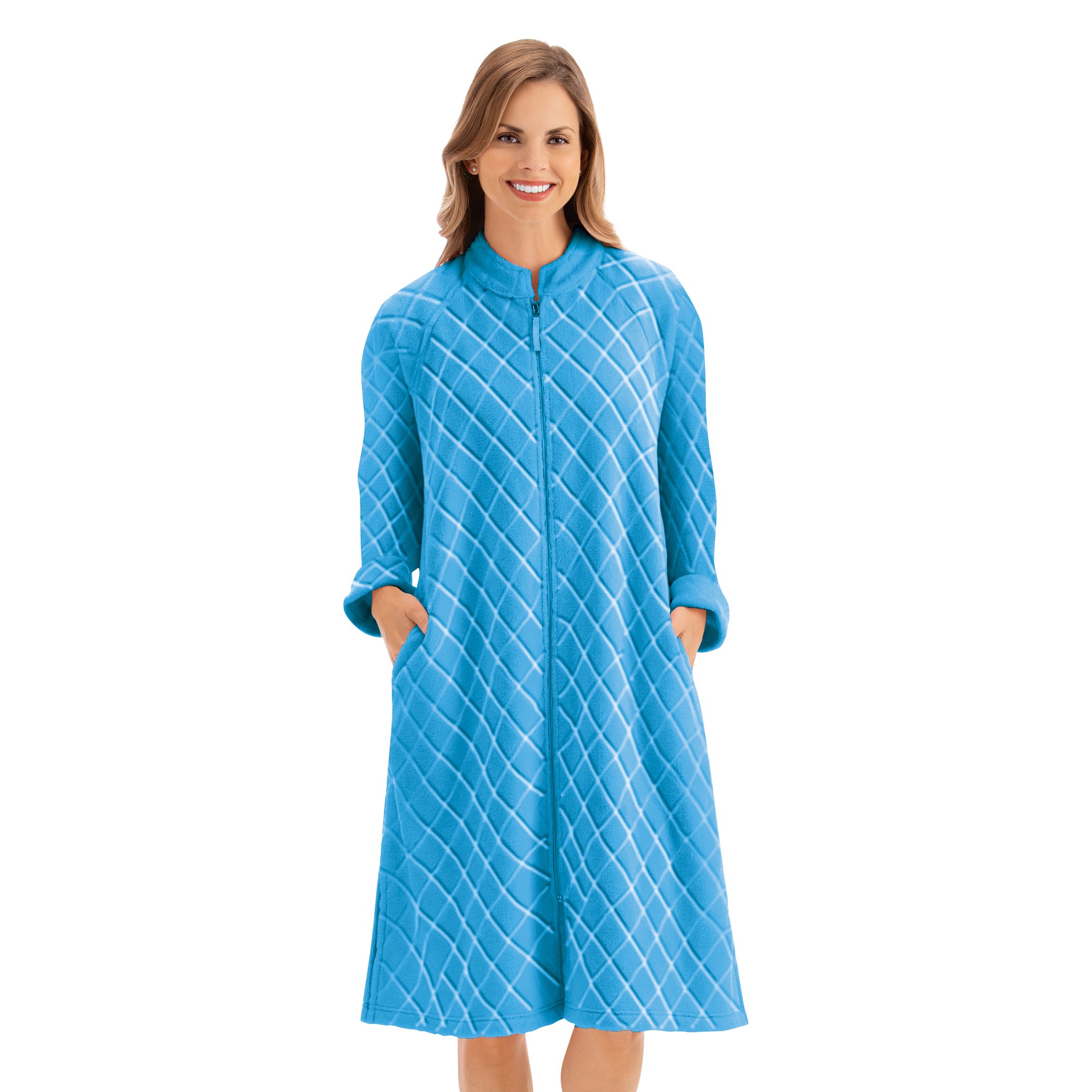 Attractive Knee-Length Diamond Plush Texture Embossed Robe Medium Women Diamond Royal Blue