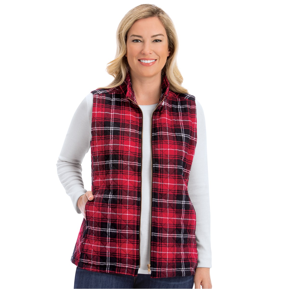 Stylish Versatile Plaid Flannel FullZip Quilted Vest Collections Etc.