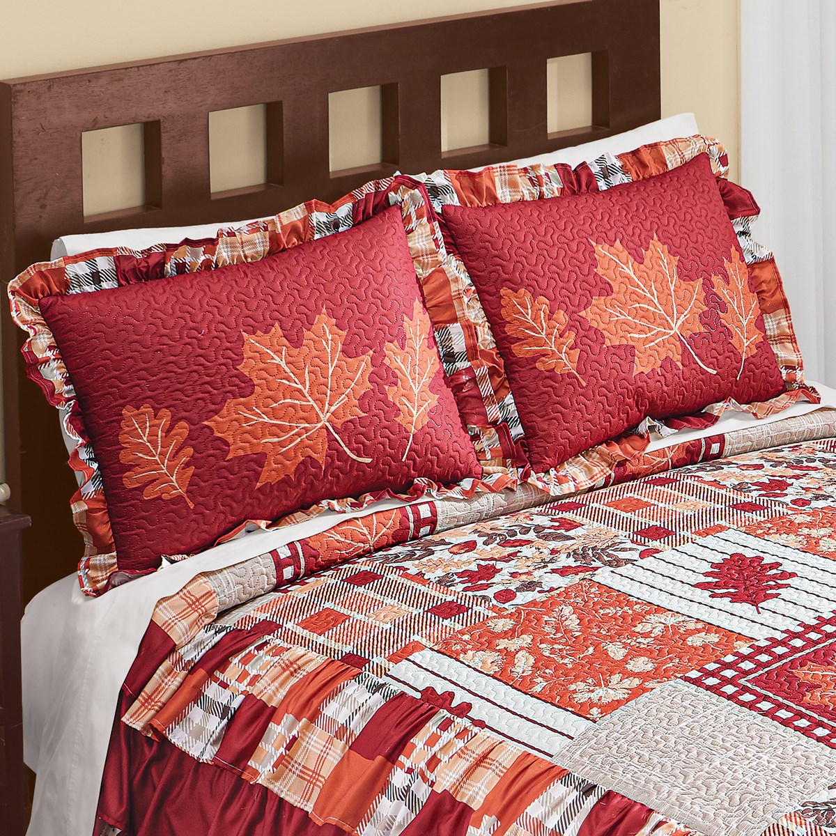 Fall Orange Leaves Patchwork Ruffled Pillow Sham Collections Etc.