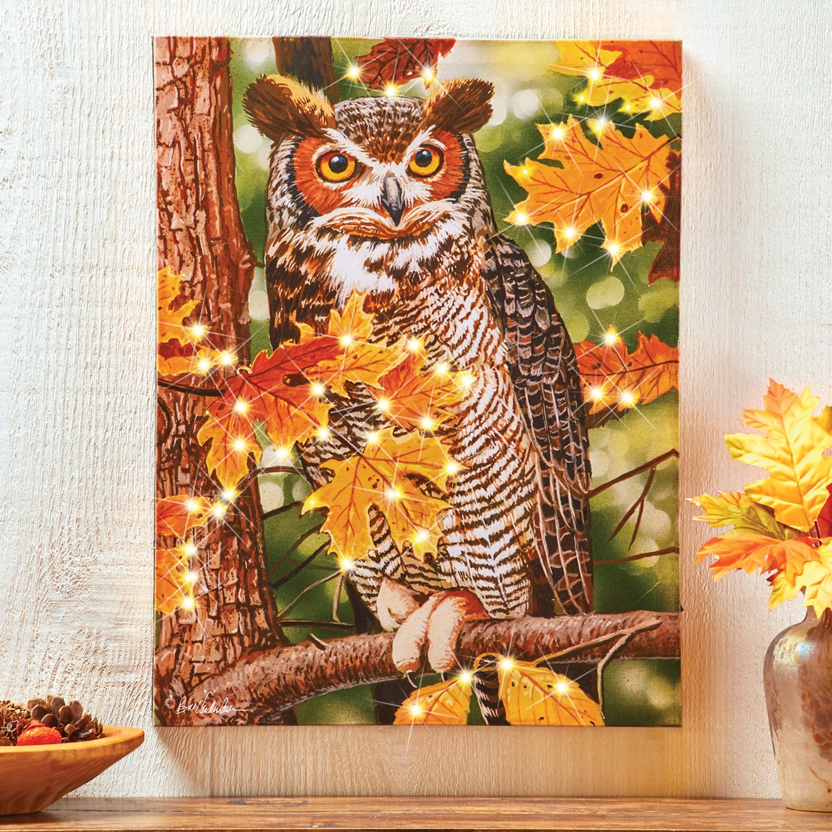 Fiber Optic LED Lighted Autumn Owl Canvas Wall Art Collections Etc.