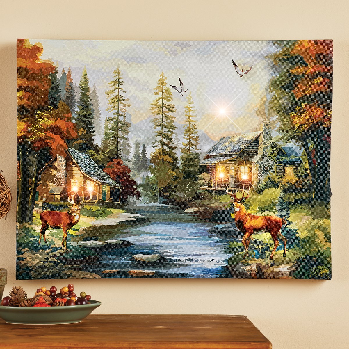 LED Lighted Fall Woodland Cabin Canvas Wall Art Collections Etc.