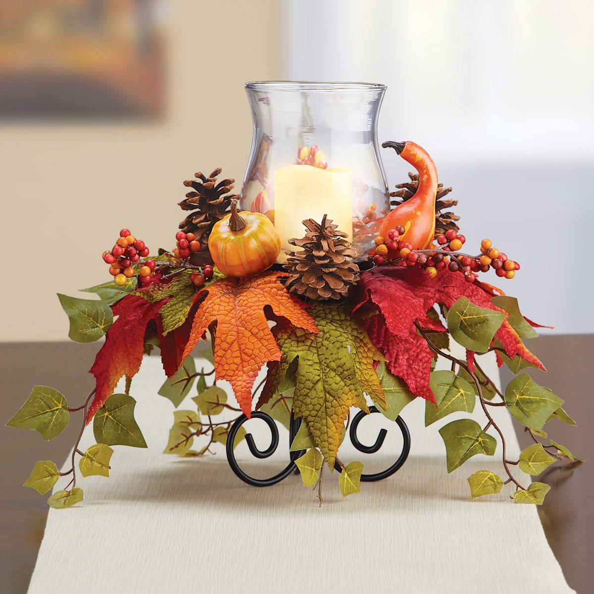 Autumn Floral Glass Hurricane Candleholder Centerpiece Collections Etc.