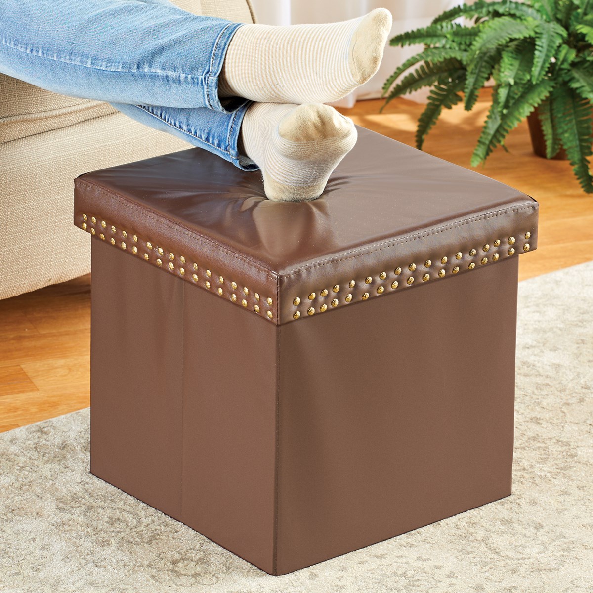 Brown Faux Leather Ottoman with Brass Studding Collections Etc.