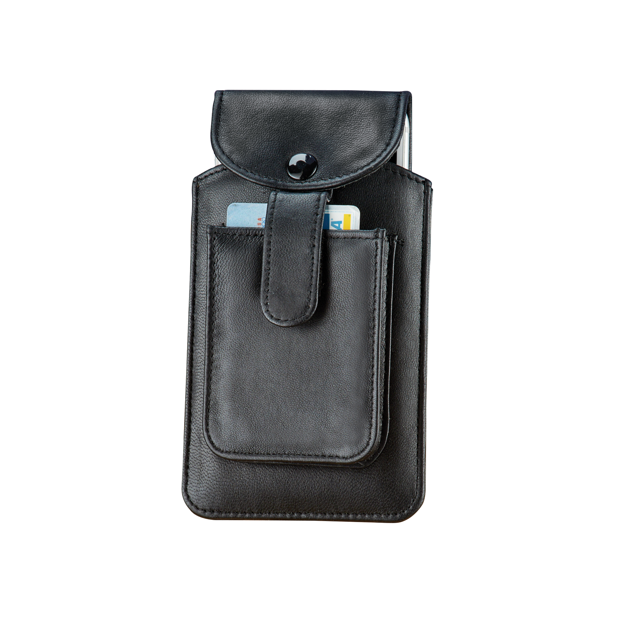 Genuine Leather Hands Free Cellphone Holder | Attaches to Belt | Front Pocket Holds Credit Cards, Cash, IDs | Soft Black