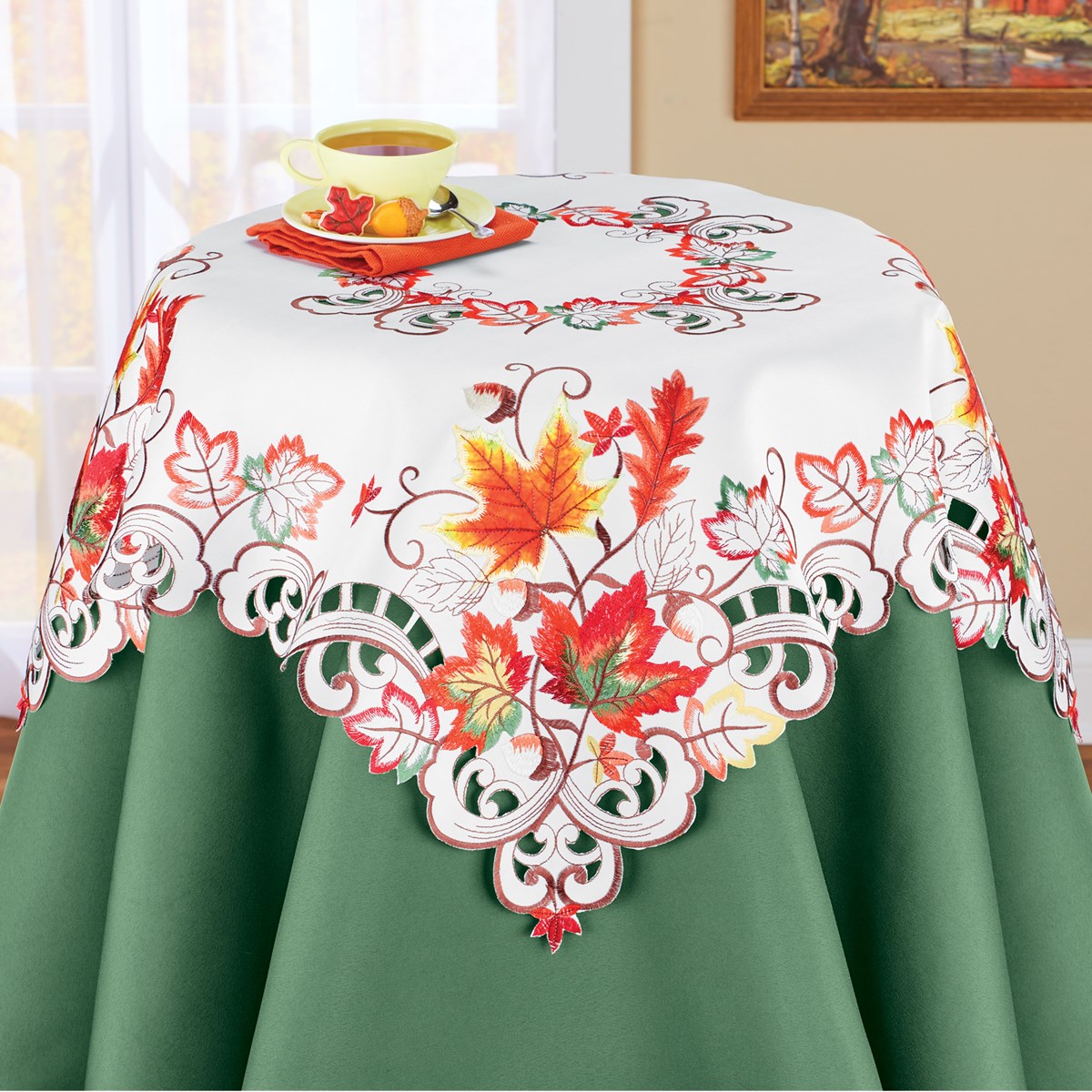 Colorful Embroidered Fall Leaves Table Linens Collections Etc.