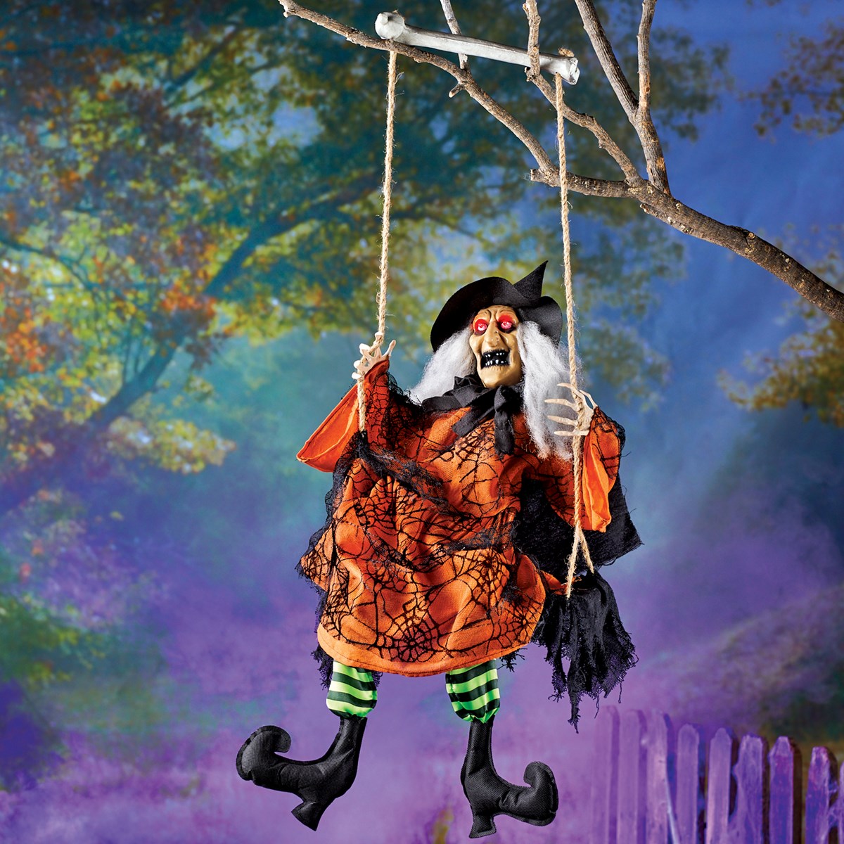 Animated Laughing Halloween Witch on a Swing Yard Figurine