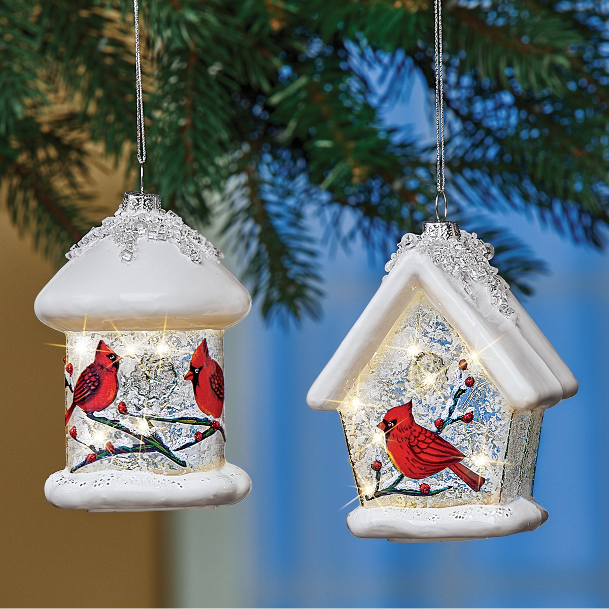 Lighted Glitter Cardinal Birdhouse Ornaments Set of 2 Collections Etc.