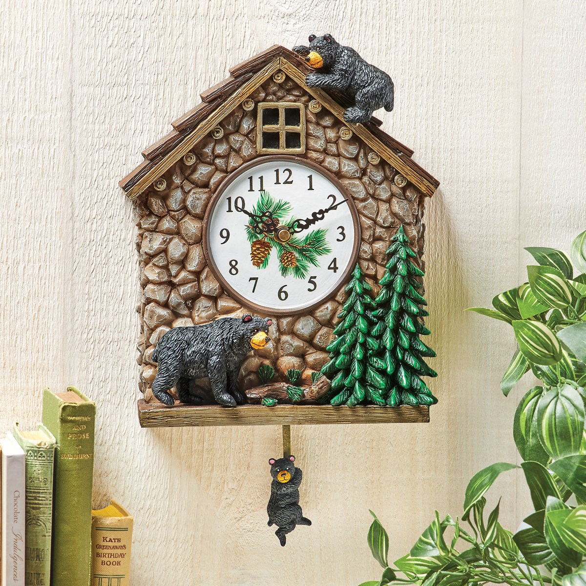 Hand Painted Bear Cabin Analog Pendulum Wall Clock Collections Etc.