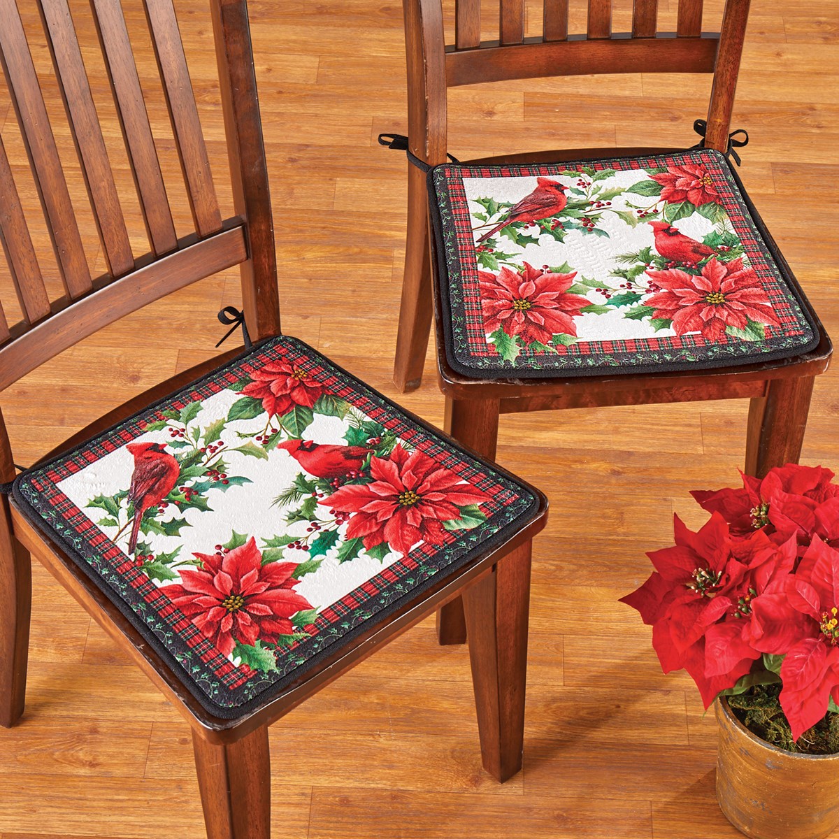 Cardinal & Poinsettia Christmas Kitchen Chair Seat Cushions Set of 2