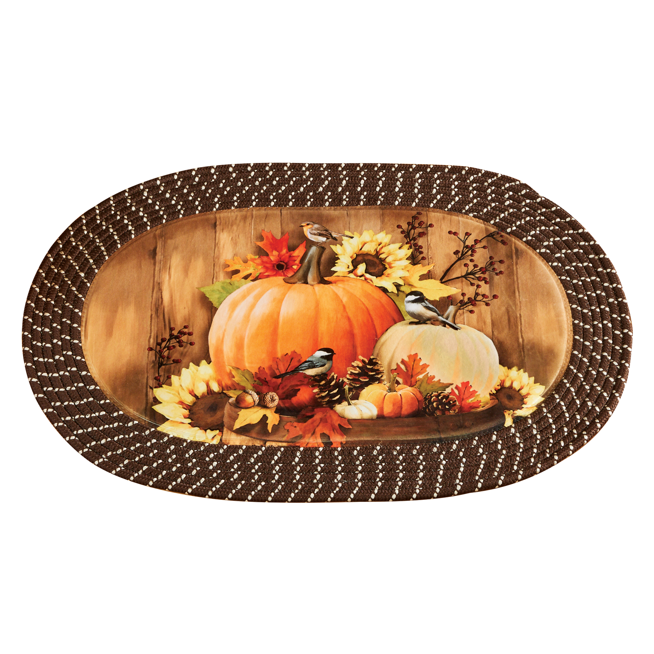 Harvest Pumpkin and Chickadees Braided Accent Rug | Non Slip Floor Mats | Decorative Small Carpet for Bedroom, Kitchen, Living Room