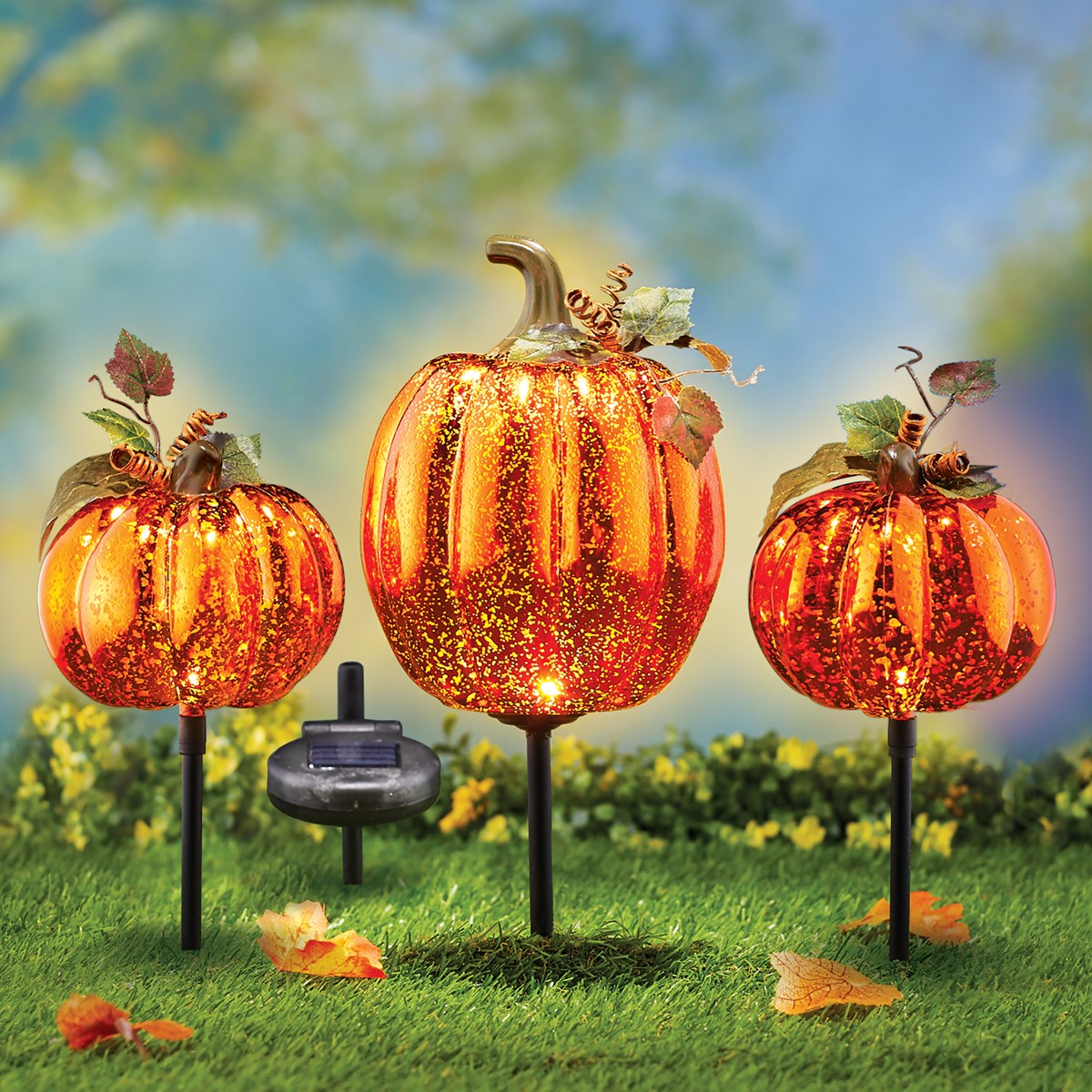 Solar Powered Mercury Glass Style Pumpkin Stake Set of 3