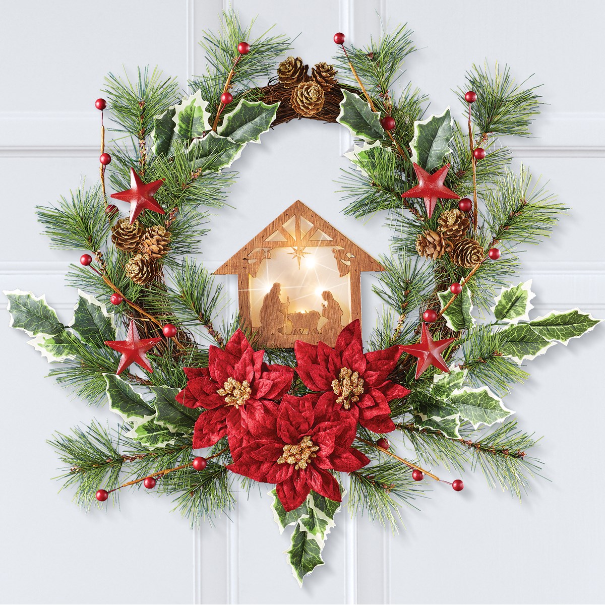 Primitive Pine & Poinsettia Lighted Christmas Nativity Wreath