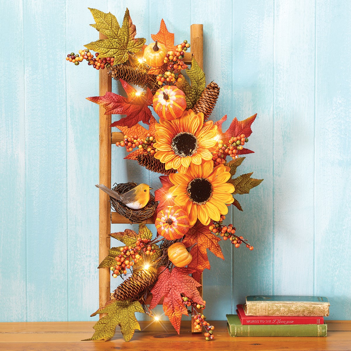 Lighted Autumn Harvest Miniature Ladder Fall Decor Collections Etc.