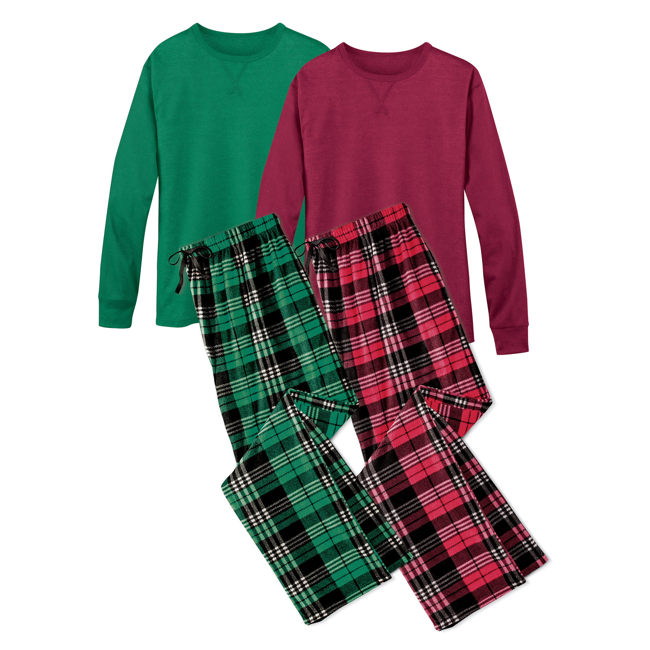 Pack of Two 2-Piece Mens Microfiber Long Sleeve Pajama Set X-Large Women burgundy-hunter